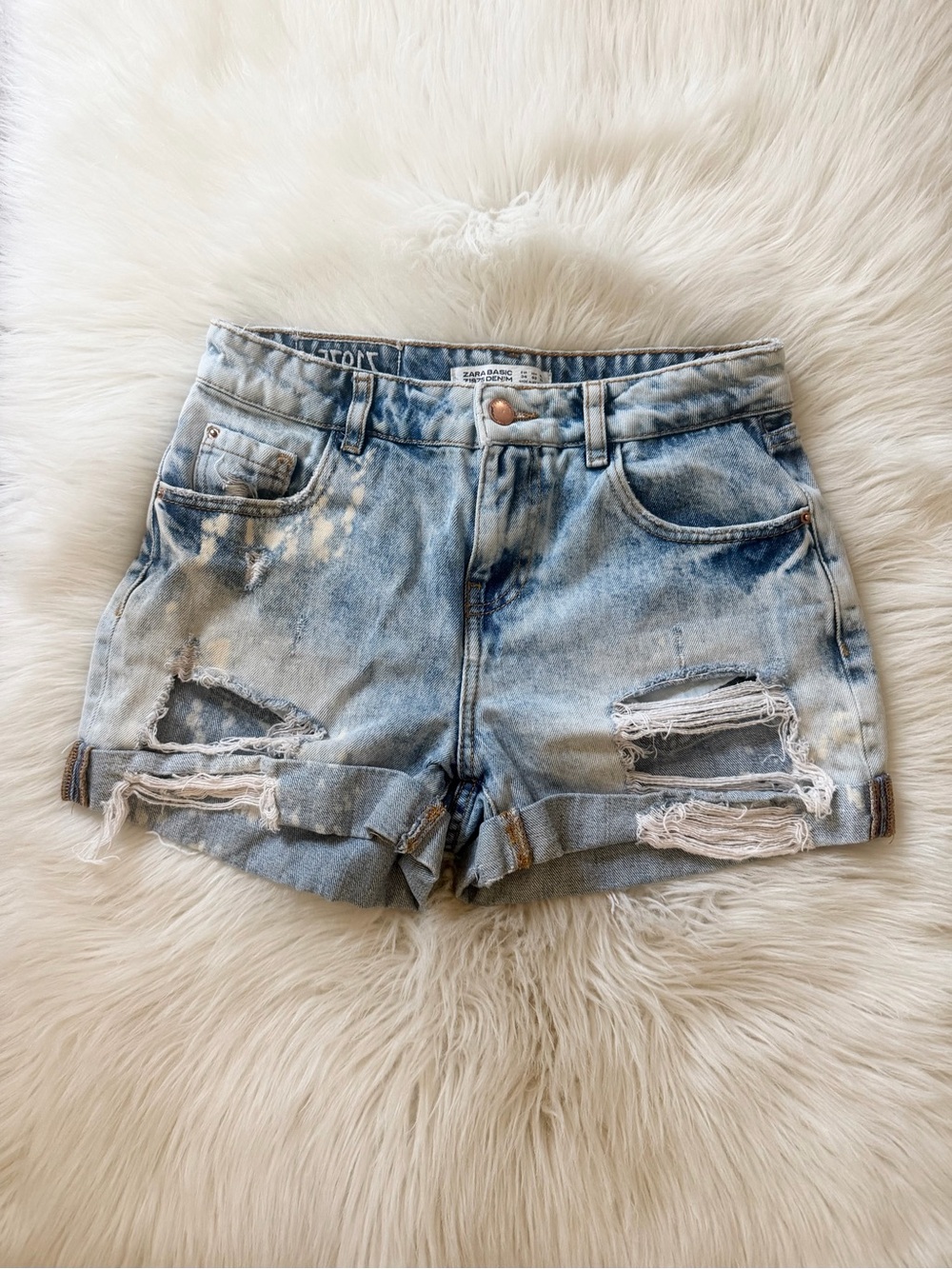Zara Light Blue Washed Distressed Denim Shorts
